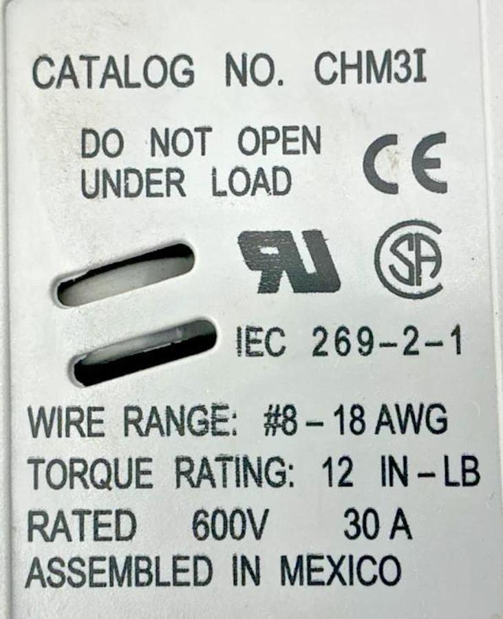 Used Bussmann CHM3I Fuse Holder Wire Range: 8-18AWG 3-Pole 30A 600VAC