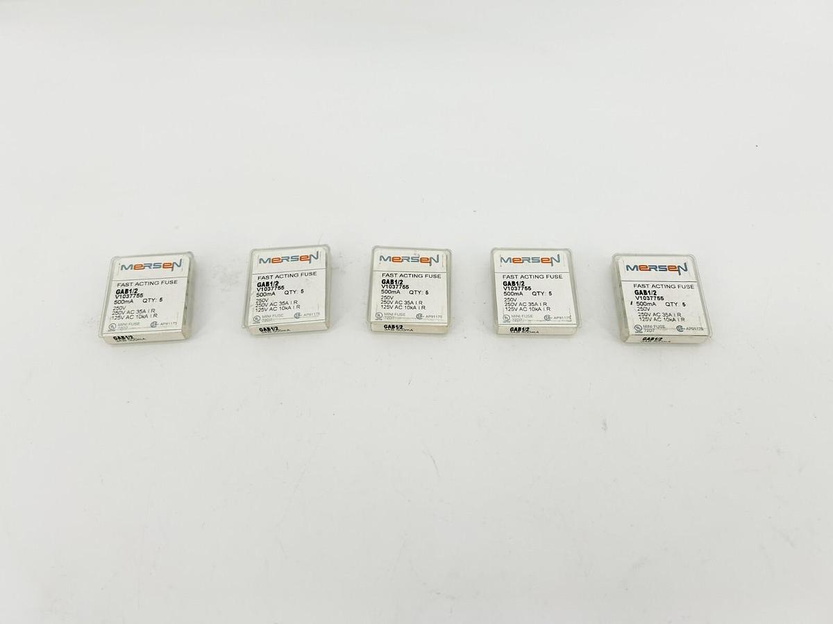 Lot of 25 New Mersen GAB1/2 Fast-Acting Fuses, 250VAC, 0.5A