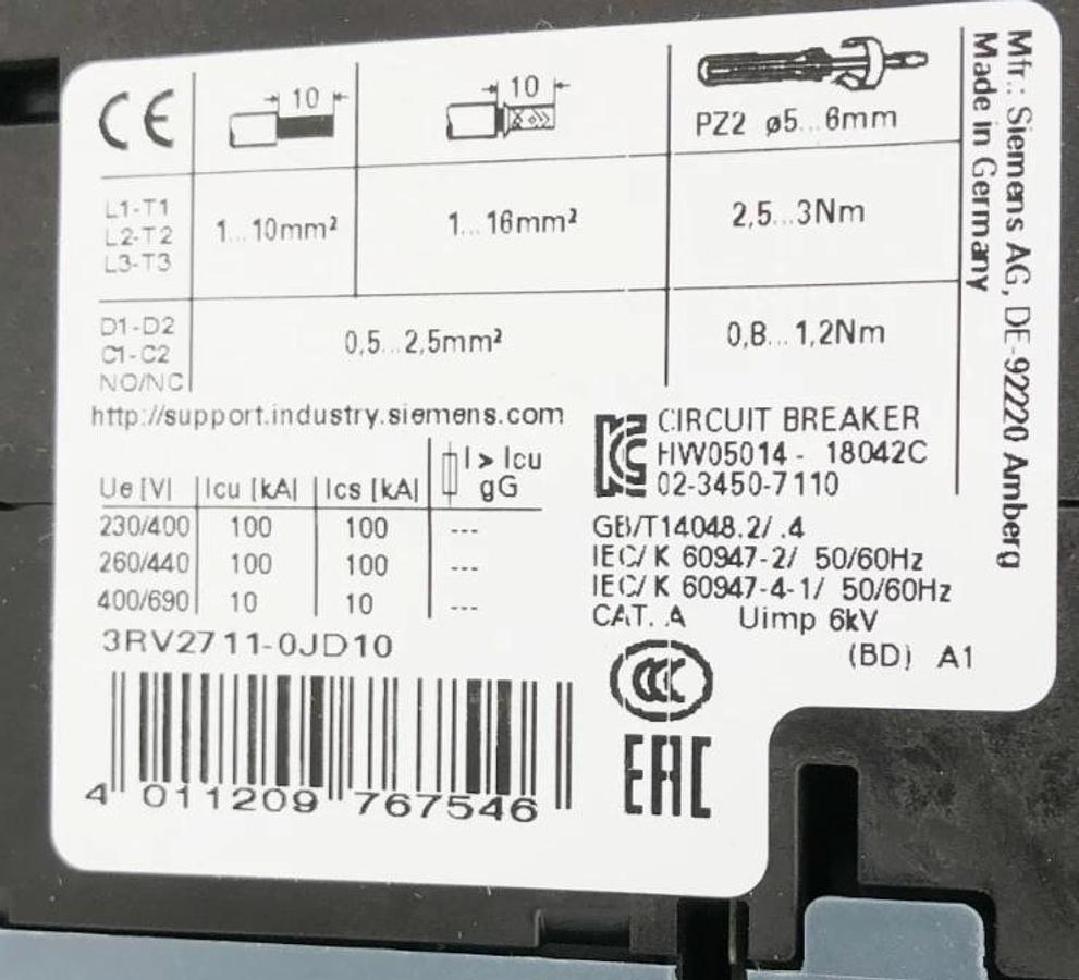 New Siemens 3RV2711-0JD10 Motor Protection Breaker 3 Pole 690V 1A
