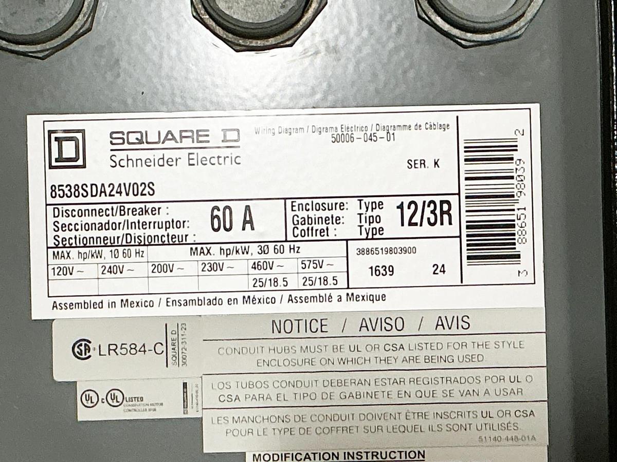 New Square D 8538SDA24V02S Combo Starter 600V 45A NEMA - No Box