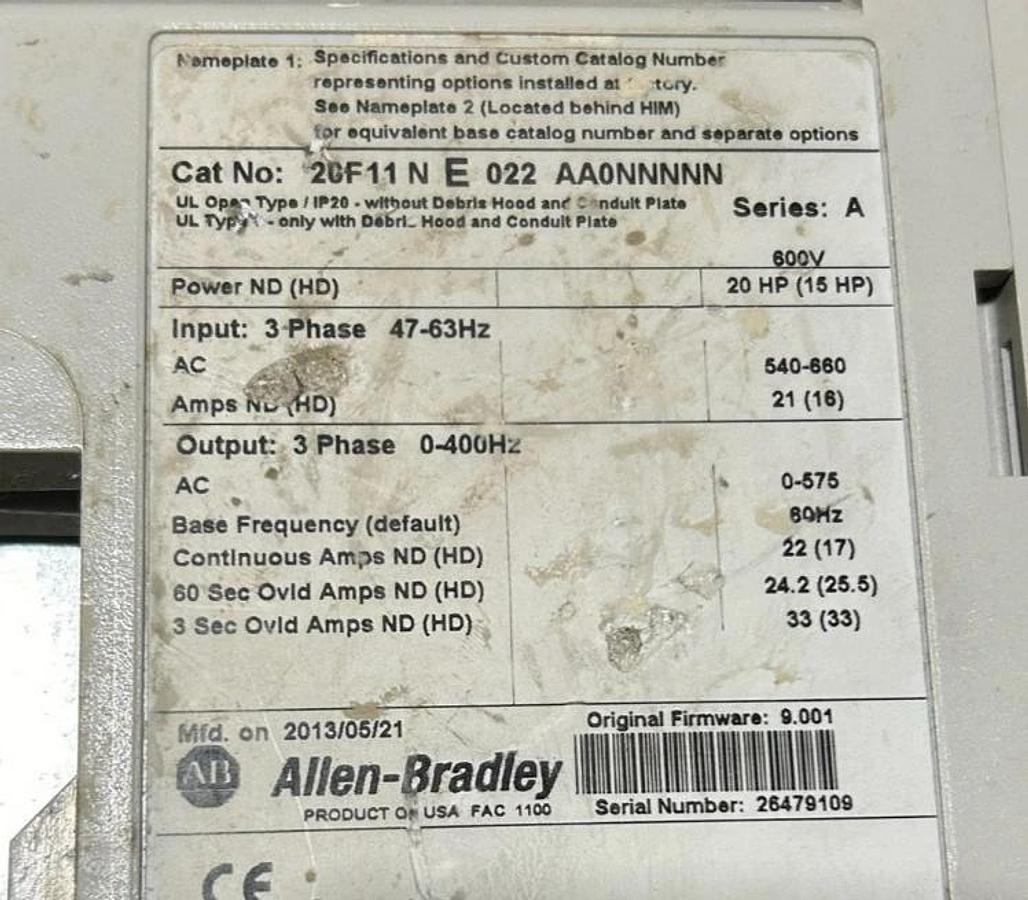 Used Allen Bradley 20F11NE022AA0NNNNN Air Cooled 753 AC Drive 15HP (For Parts Only)