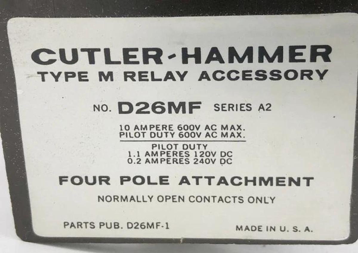 New Cutler Hammer D26MF Series A2 Type M Relay 4-Pole Attachment 10A 600V