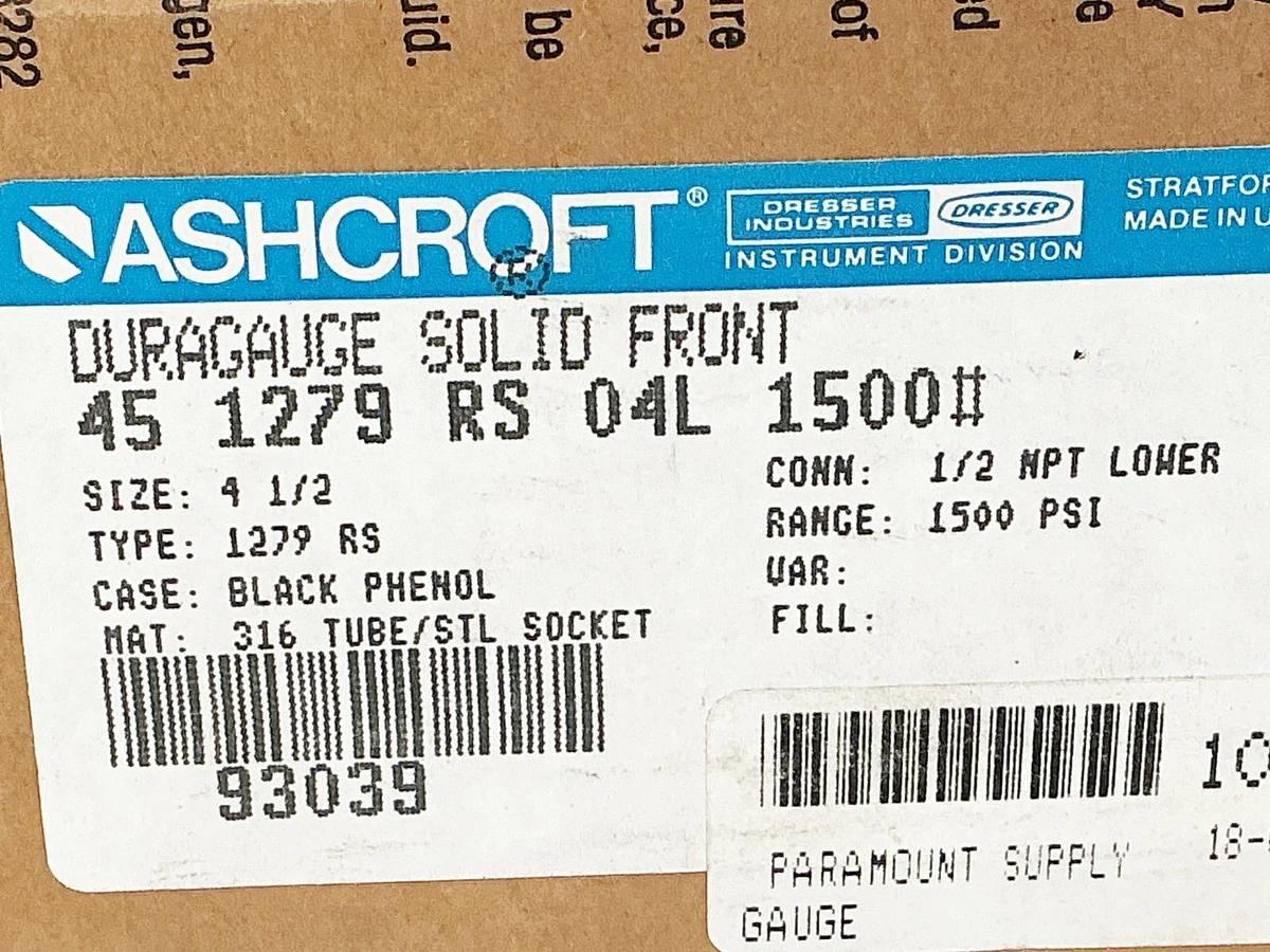 New Ashcroft 45-1279-RS-04L-1500# Pressure Gauge 4.5" 1500PSI 1/2" NPT 316 Tube