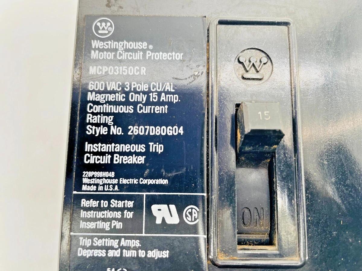Used Westinghouse MCP03150CR Circuit Breaker Motor Protector 600VAC 3P 15A