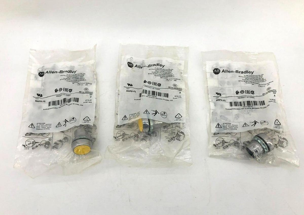 Lot of 3 New Allen Bradley 800FM-F6 Ser. A Pushbuttons, Flush, Yellow