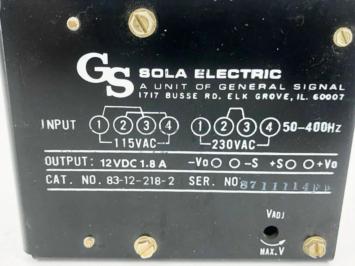 Used GS Sola Electric 83-12-218-2 Power Supply 115/230VAC In 12VDC 1.8A Out