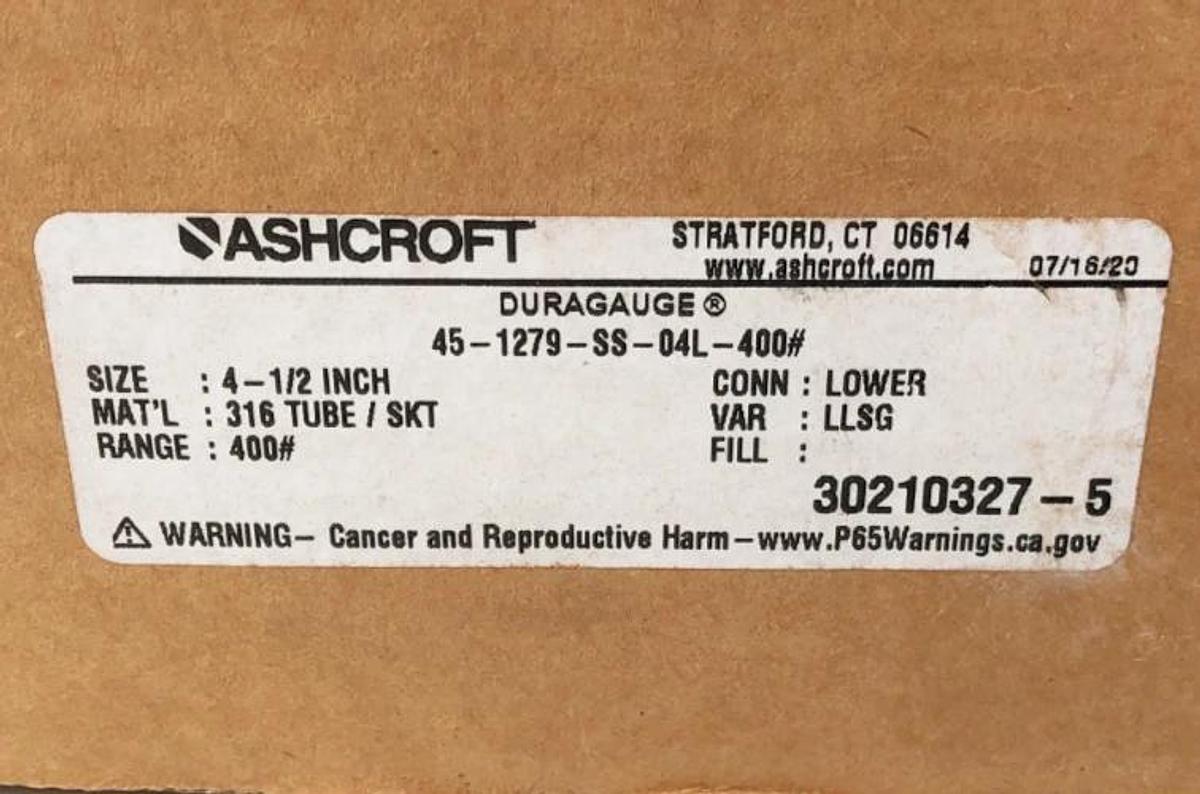 New Ashcroft 45-1279-SS-04L-400# Gauge 4-1/2" 400psi 1/2" LM