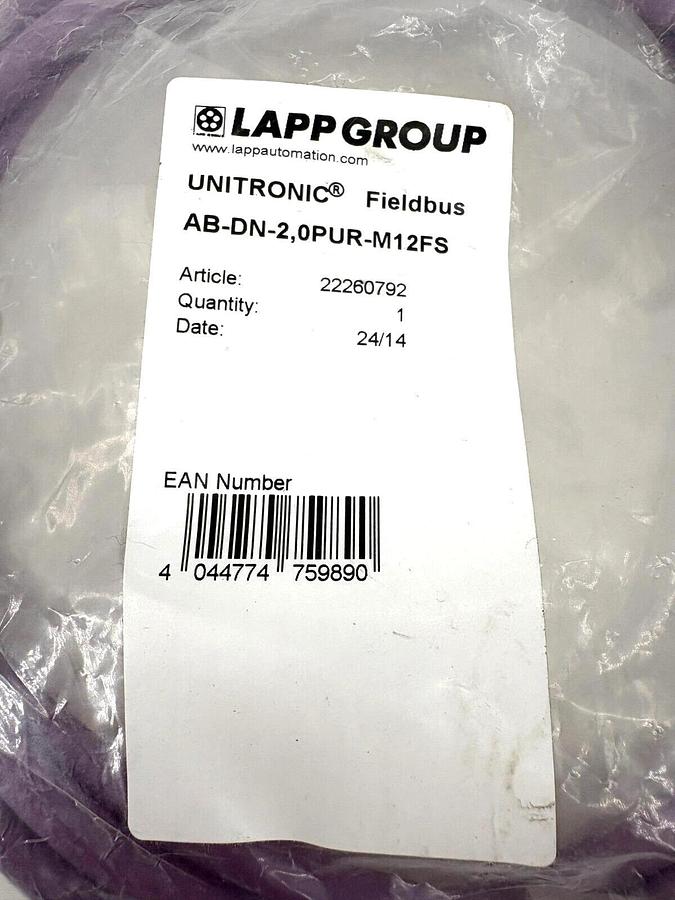 New Lapp Group AB-DN-2,0PUR-M12FS Pre-Assembled Bus Cable 2m Length