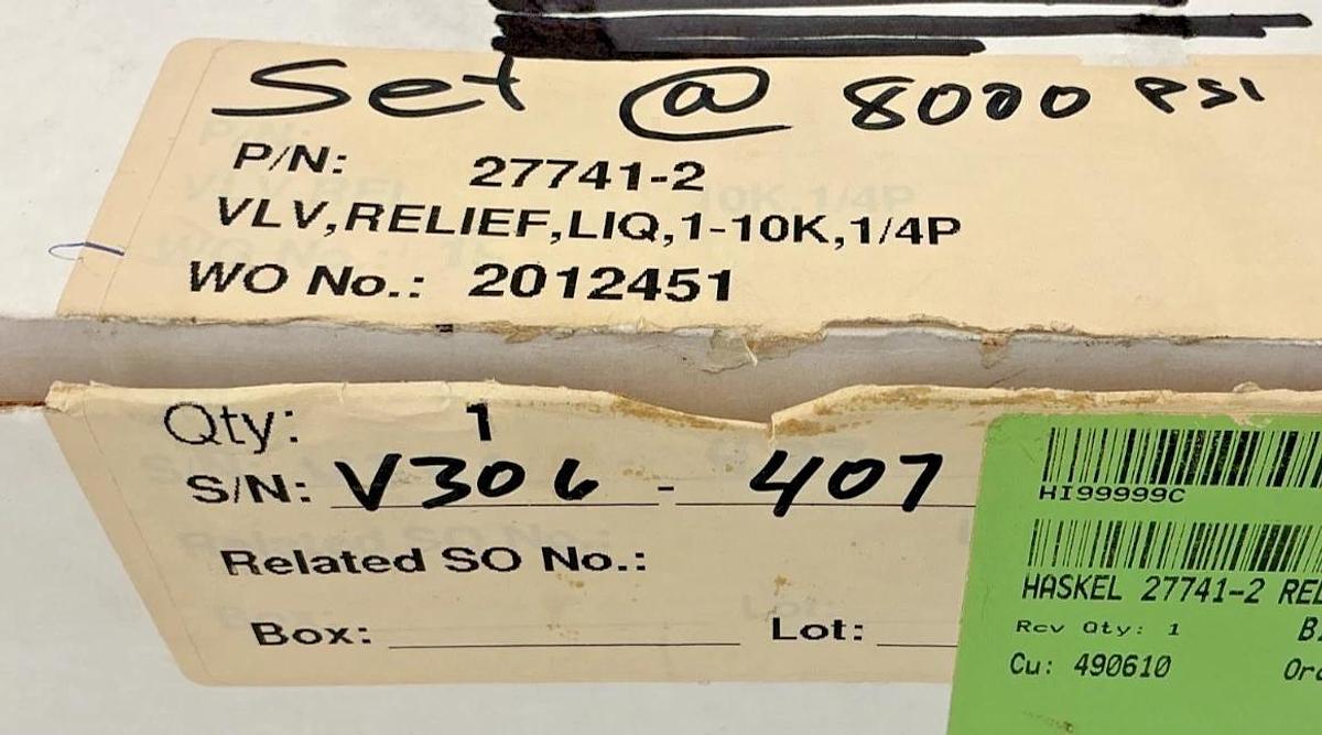 New Haskel 27741-2 Relief Valve Adjustable Range: 1000-10000PSIG 277412