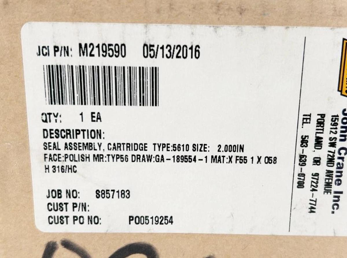 New John Crane M219590 Cartridge Seal Assembly Size 2" Type 5610 Stainless Steel