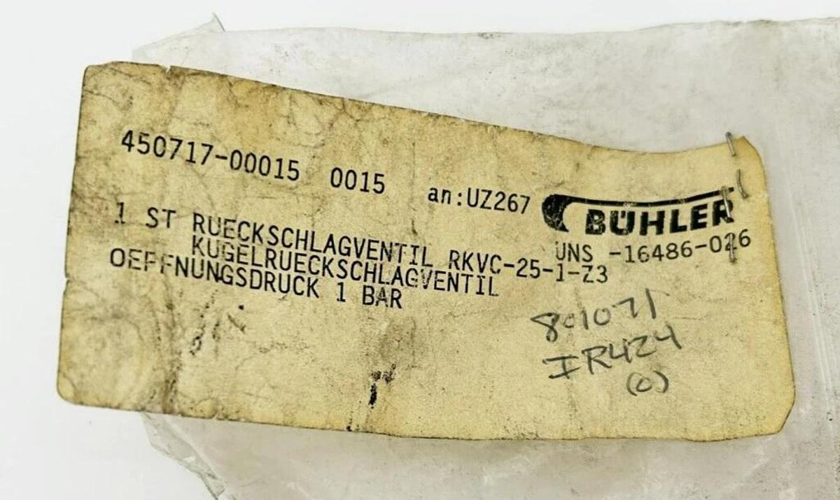 New Buhler UNS-16486-026 Check Valve, RKVC-25-1-Z3