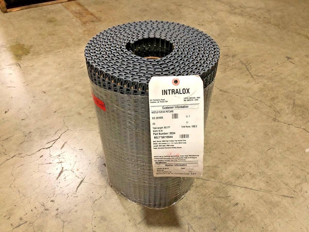 New Intralox 2034 Series 1000 Flat Friction Top Acetal Gray 18.39FT x 18" No Box