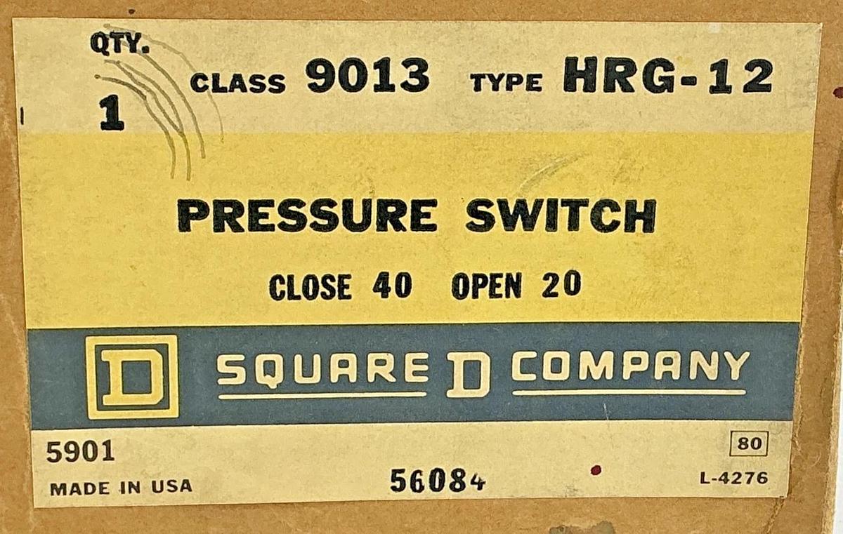 Square D 9013HRG-12 Pressure Switch Close 40 Open 20 9013HRG12 56084