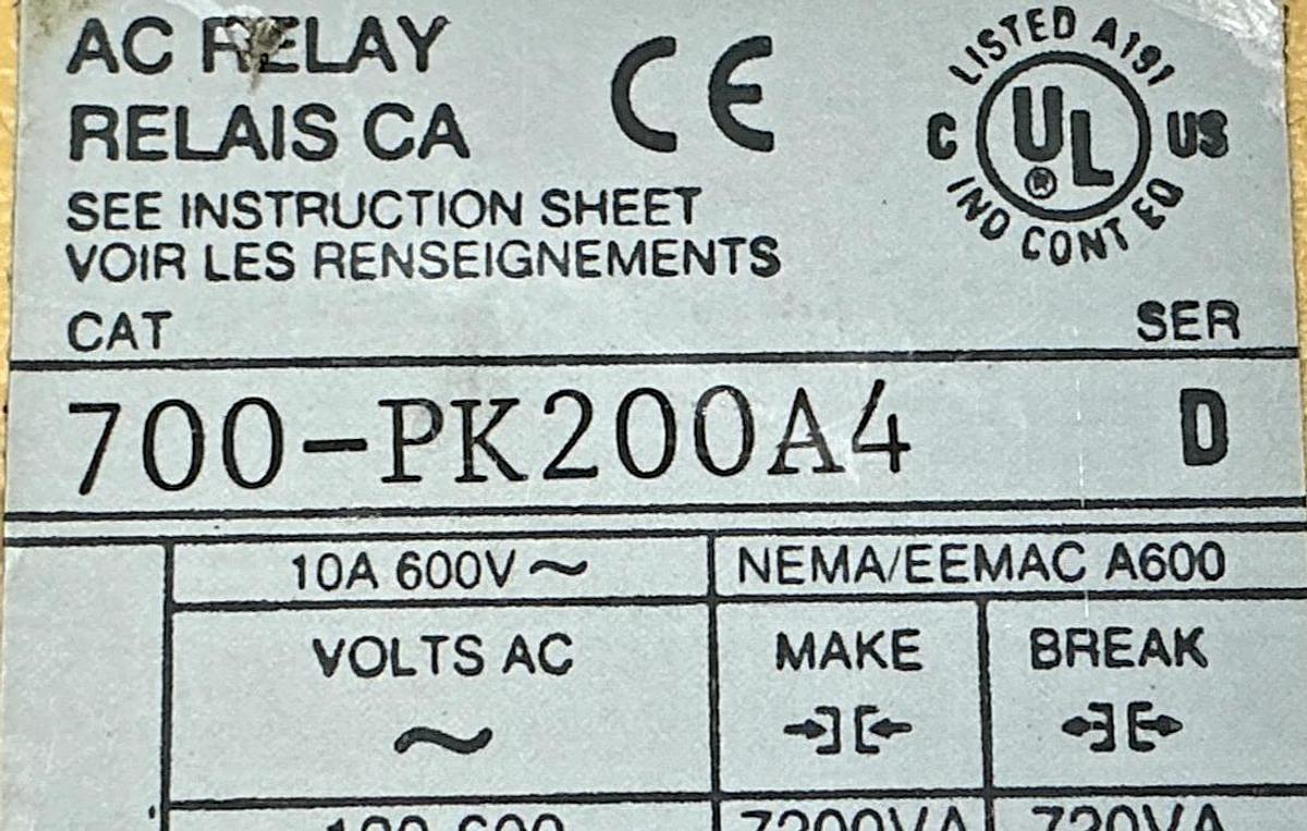 Used Allen Bradley 700-PK200A4 Ser D AC Relay 460/480V 50/60HZ