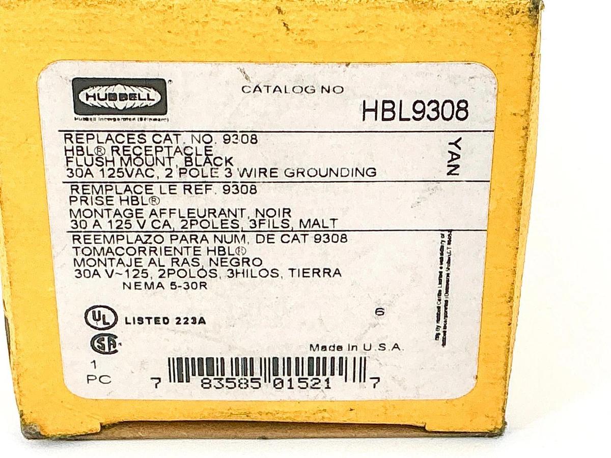 New Hubbell HBL9308 Flush Mount Receptacle 30A 125V 2P 3 Wire Grounding