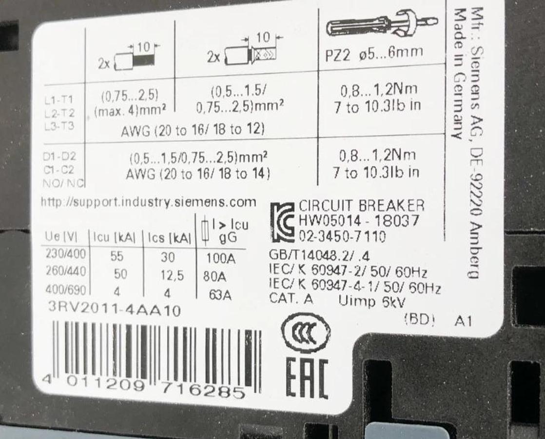 Used Siemens 3RV2011-4AA10 Motor Circuit Breaker 10-16A 3-Pole