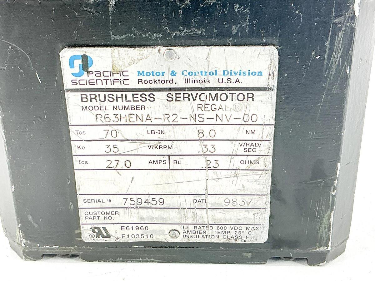 Used Pacific Scientific R63HENA-R2-NS-NV-00 Servomotor 27A 35RPM 8.0NM