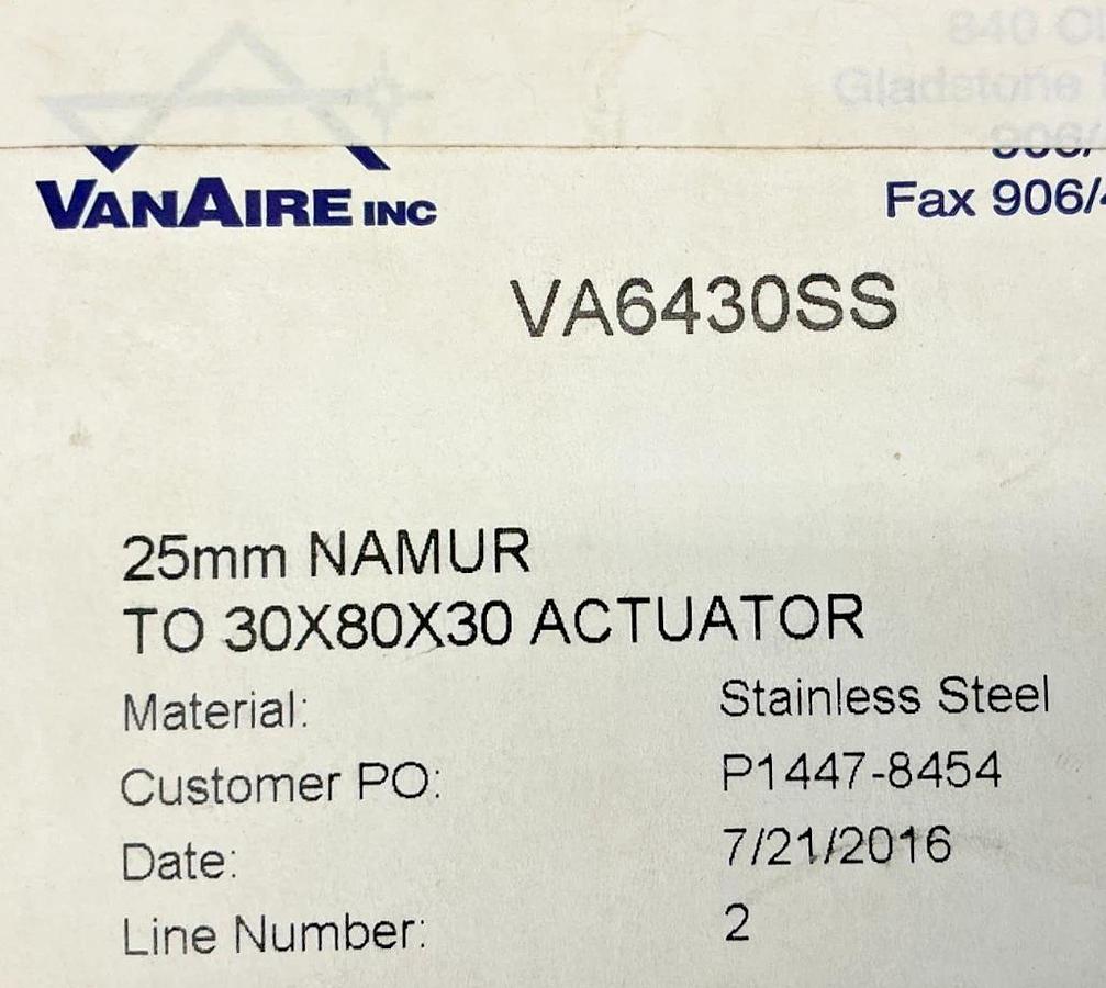 New VanAire VA6430SS Mounting Bracket Kit 25 NAMUR to 30x80x30 Actuator