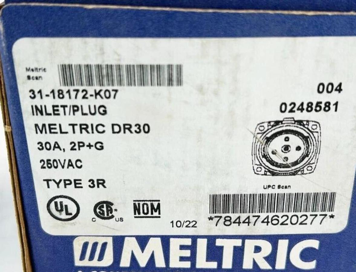 New Meltric 31-18172-K07 Inlet Plug 30A 2P+G 250VAC Type 3R 0040248581