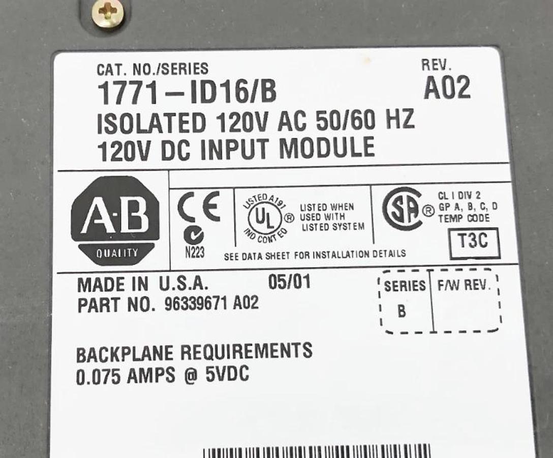 Used Lot of 2 Allen Bradley 1771-ID16 Ser. B Isolated Input Module 120VAC/DC
