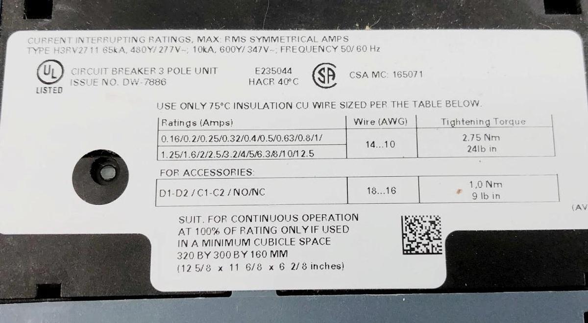 New Siemens 3RV2711-1JD10 Circuit Breaker 10A 3-Pole 600Y/347V - No Box