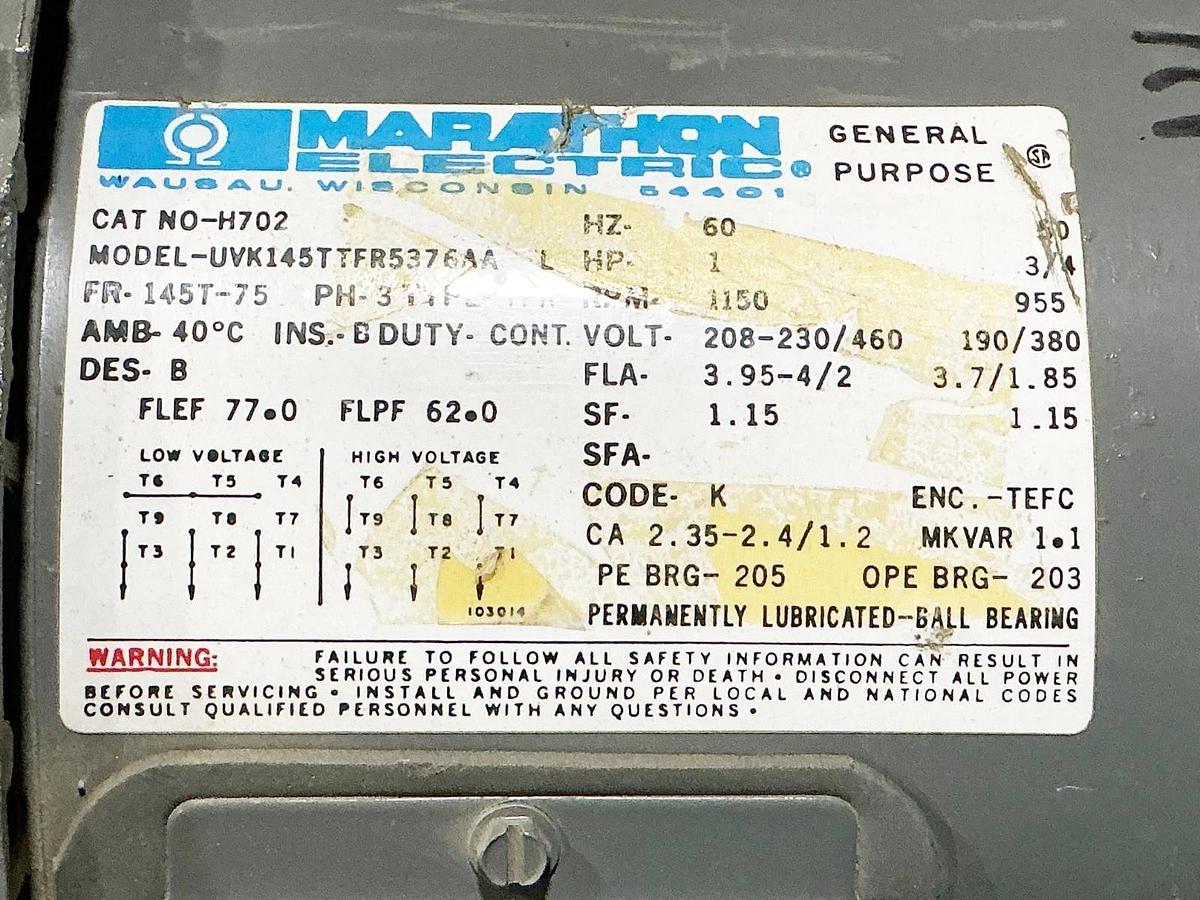 Used Marathon Electric NO-H702 1HP 460V 3PH 1150RPM Model UVK145TTFR5376AA
