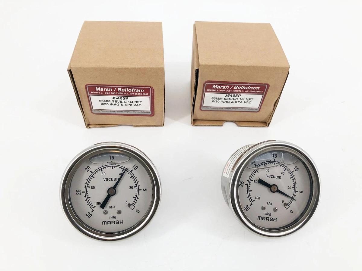 Lot of 2 New Marsh / Bellofram J6405P Gauges 63MM SEVB-C 1/4 NPT 0/30 INHG
