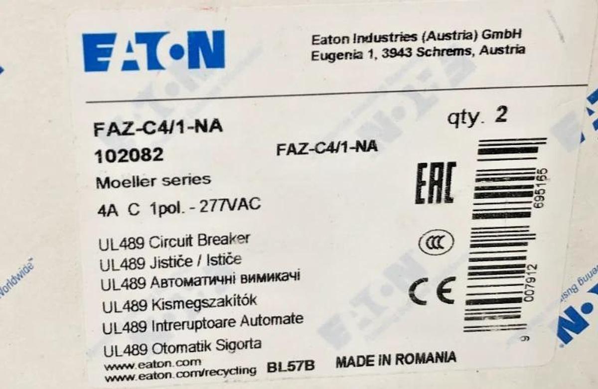 Box of 2 New Eaton FAZ-C4/1-NA Circuit Breakers 1 Pole 277V 4A
