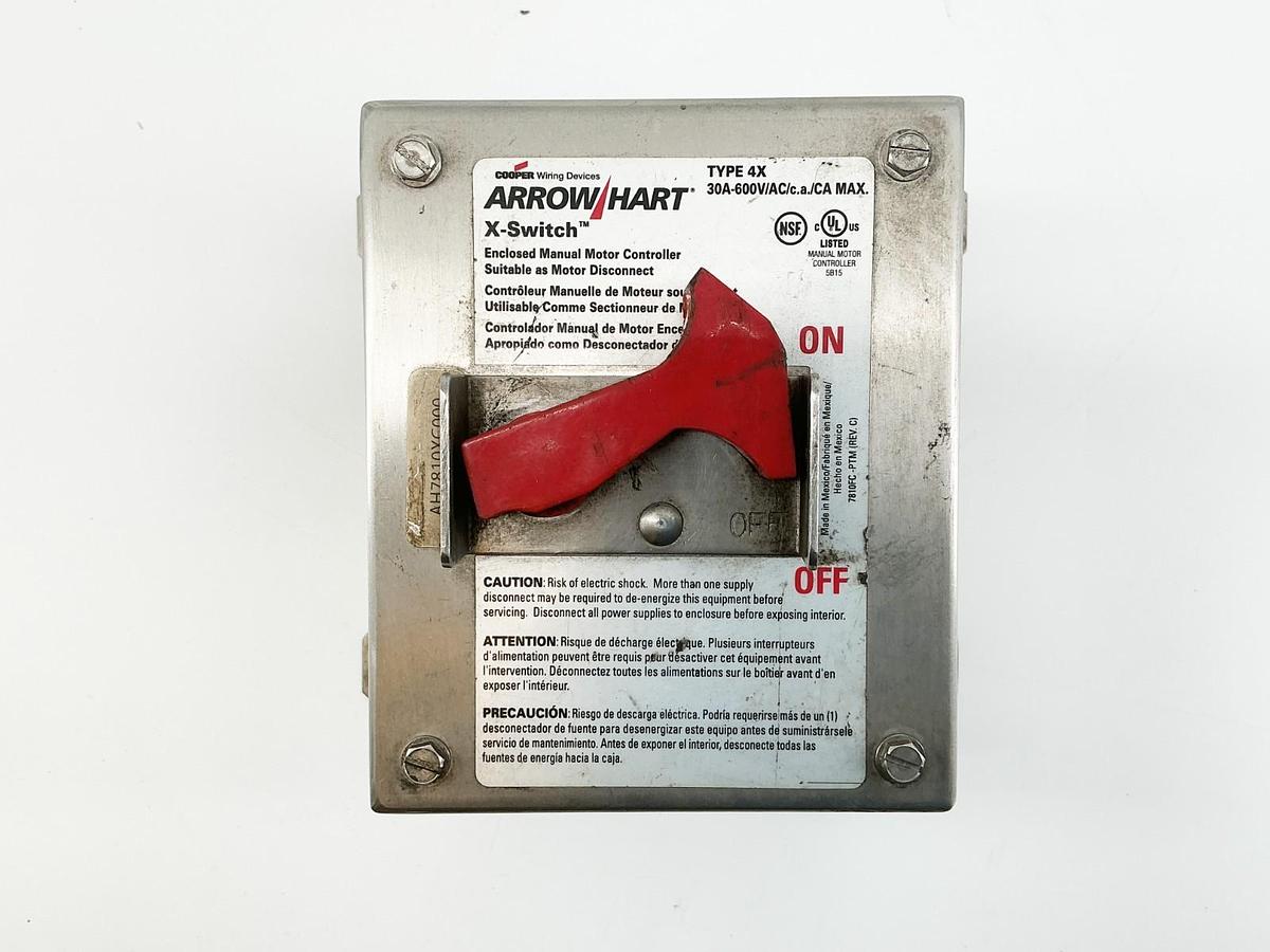 Used Arrow Hart AH7810XC000 X-Switch Enclosed Manual Motor Controller 30A 600V