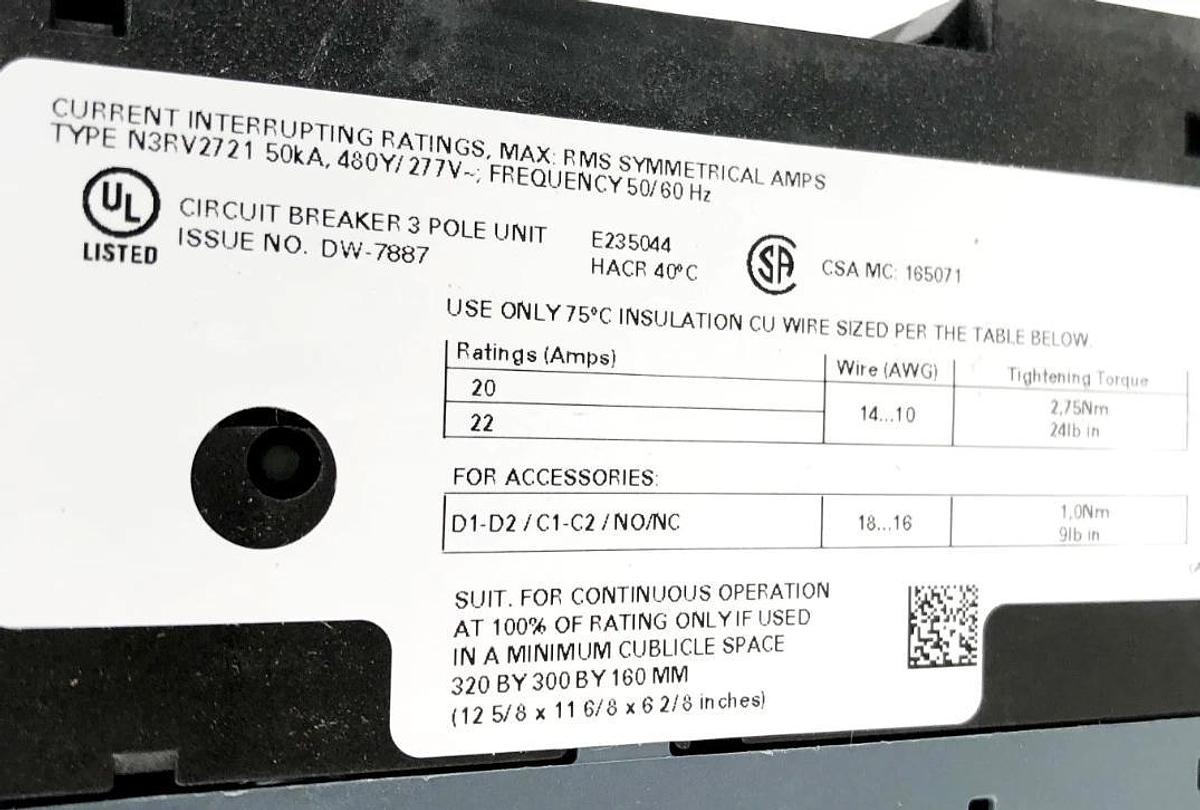 New Siemens 3RV2721-4BD10 Circuit Breaker 20A Size S0 UL489