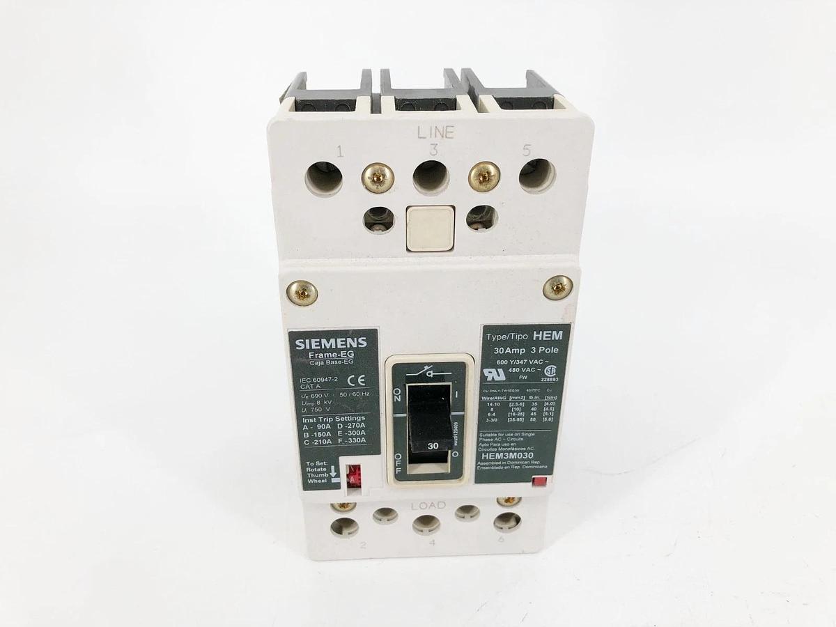 Used Siemens HEM3M030L Circuit Breaker 30A 3P 480VAC Frame-EG
