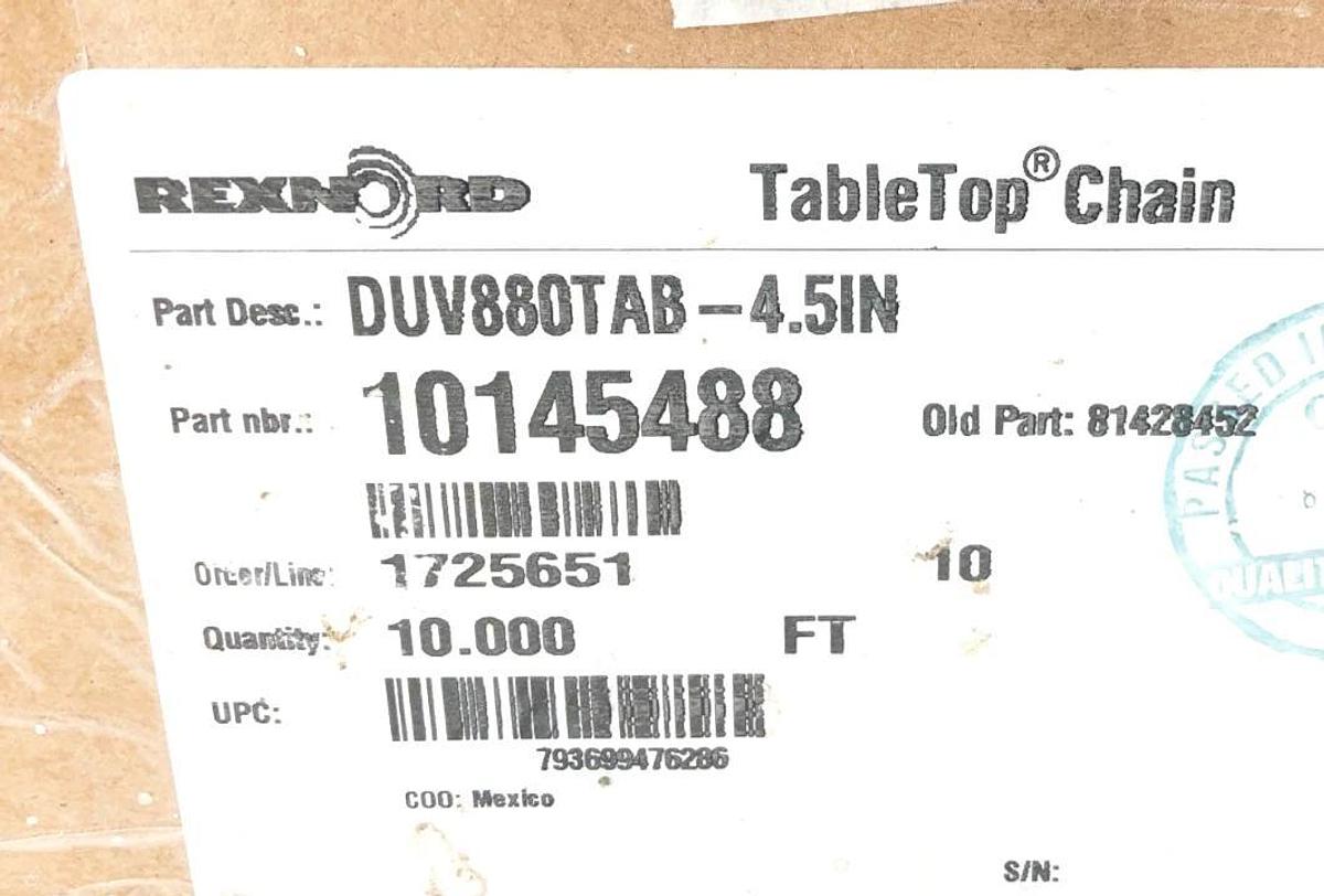 New Rexnord DUV880TAB-4.5IN TableTop Chain 10 FT. 10145488 81428452