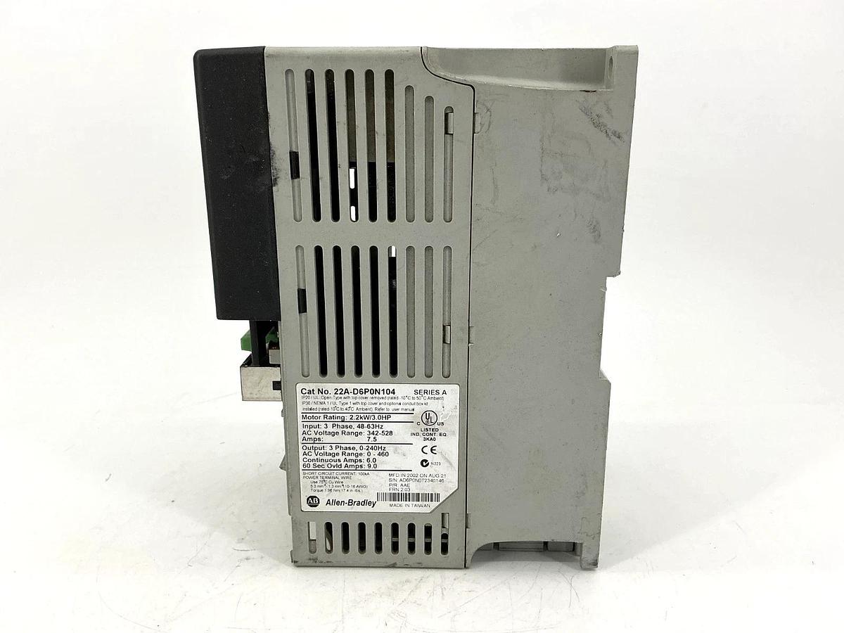 Used Allen Bradley 22A-D6P0N104 Ser A AC Drive 3HP 7.5A 342-528VAC 48-63HZ