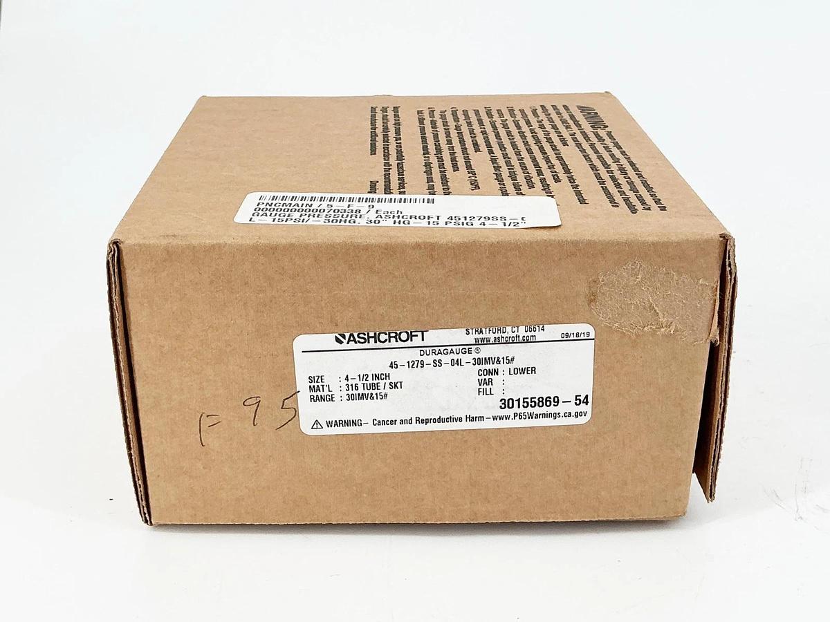 New Ashcroft 45-1279-SS-04L-30IMV&15 Pressure Gauge 4" Face 1/2"NPT 30IMV-15
