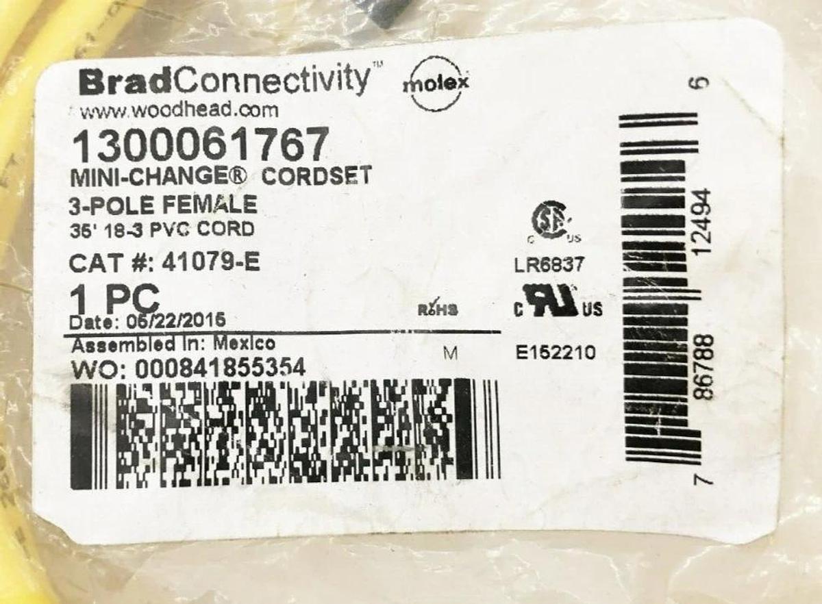 New Brad Connectivity 1300061767 Cordset 3P Female 35FT. 18-3 PVC 41079-E