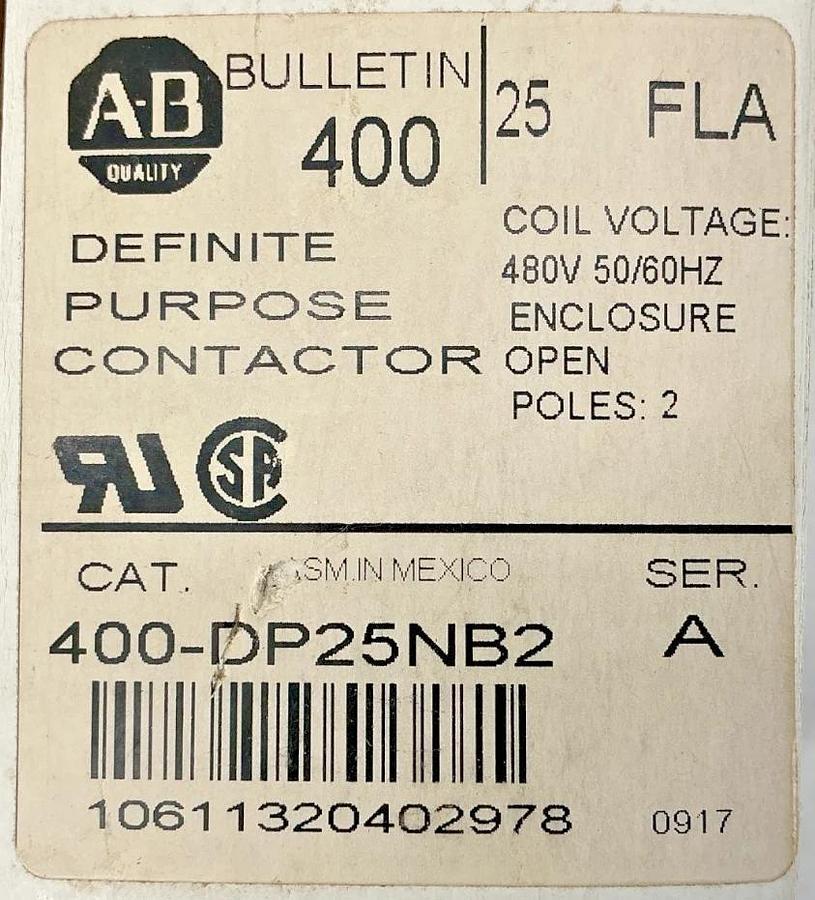 New Allen Bradley 400-DP25NB2 Ser A Definite Purpose Contactor 2P 480V 50/60HZ
