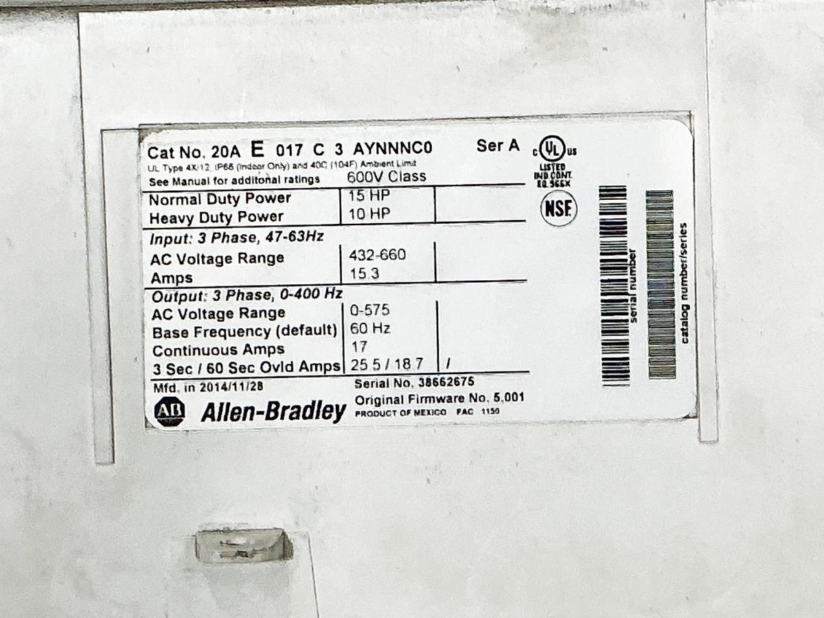 Used Allen Bradley 20AE017C3AYNNNC0 AC Drive 15HP 600V 3PH - Not working - For Parts