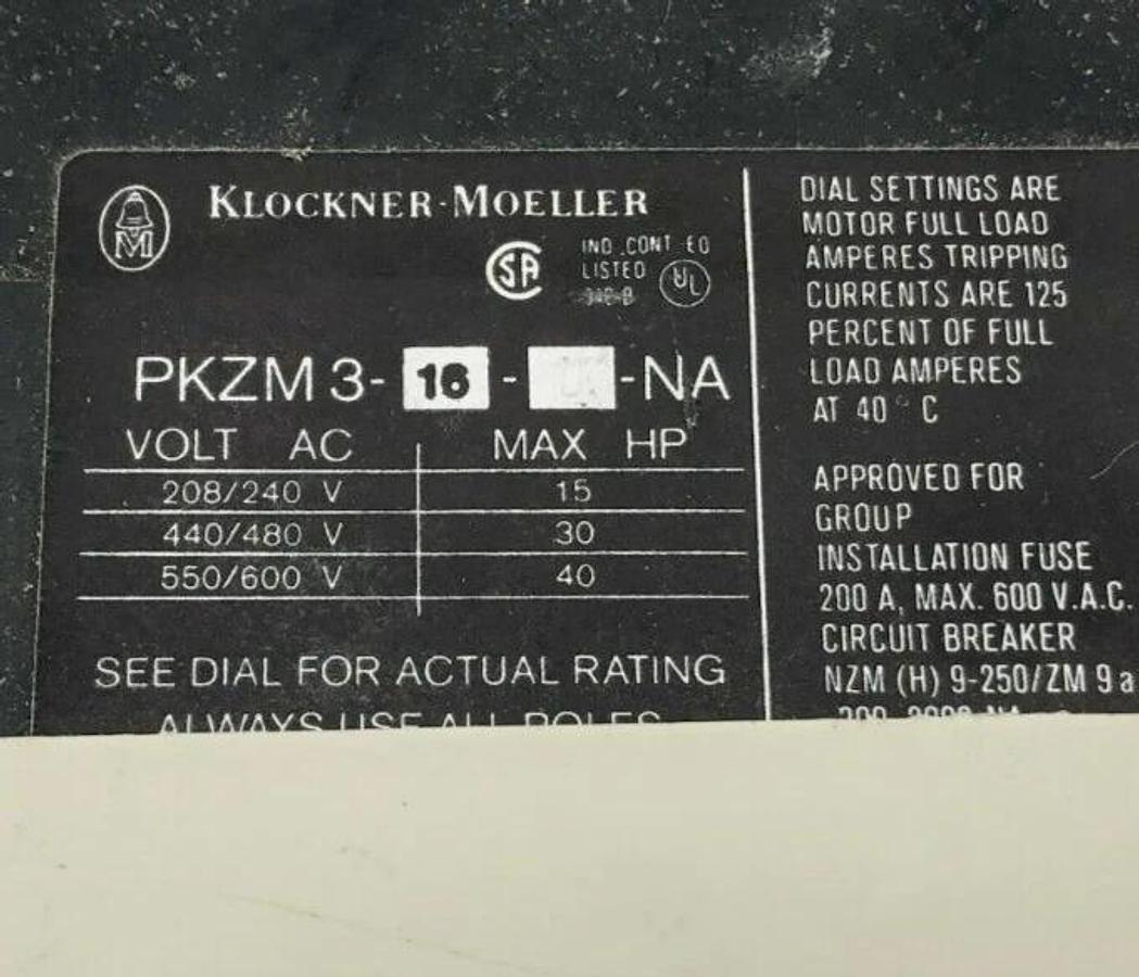 Used Klockner-Moeller PKZM3-U Manual Motor Starter 600V 200A 3P PKZM3-16
