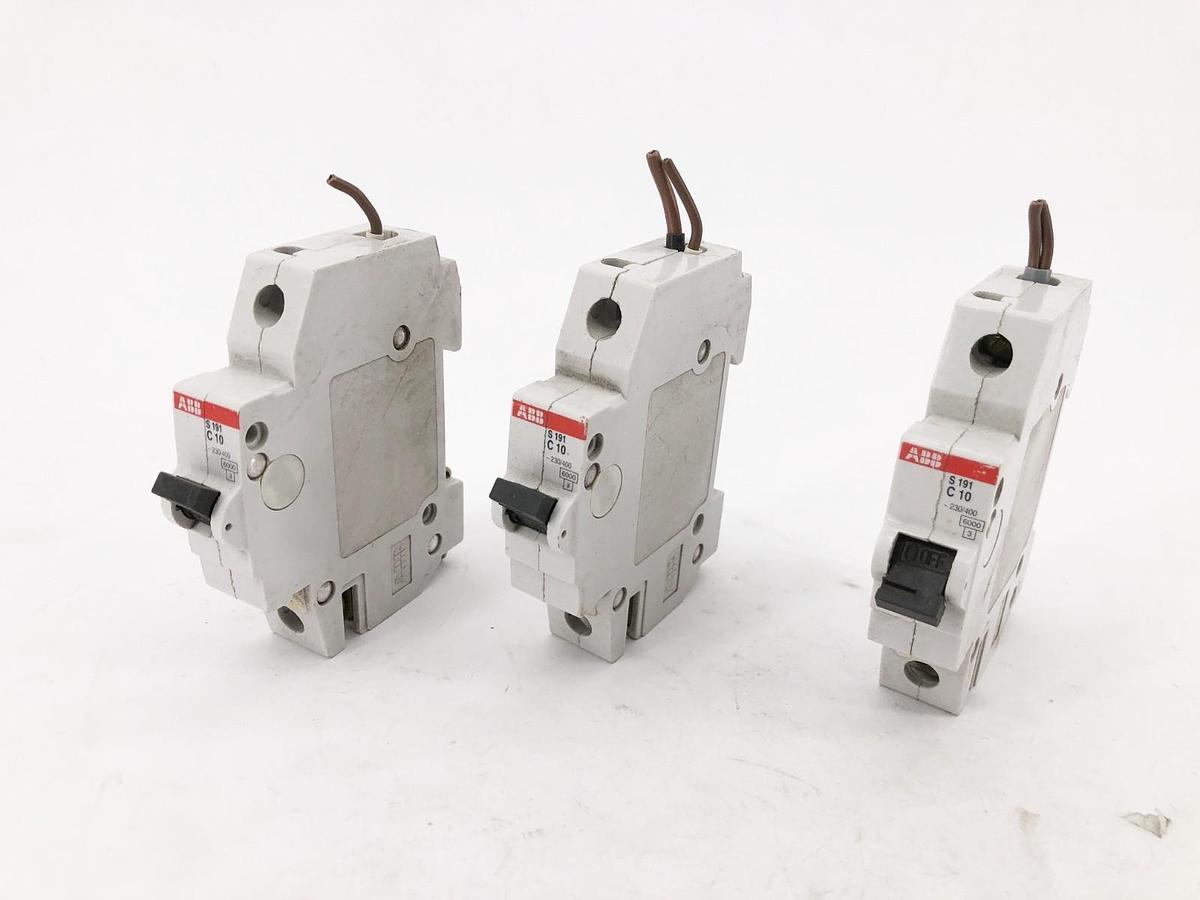 Used Lot of 3 ABB S191 C10 Circuit Breakers 230/400V 10A 1P