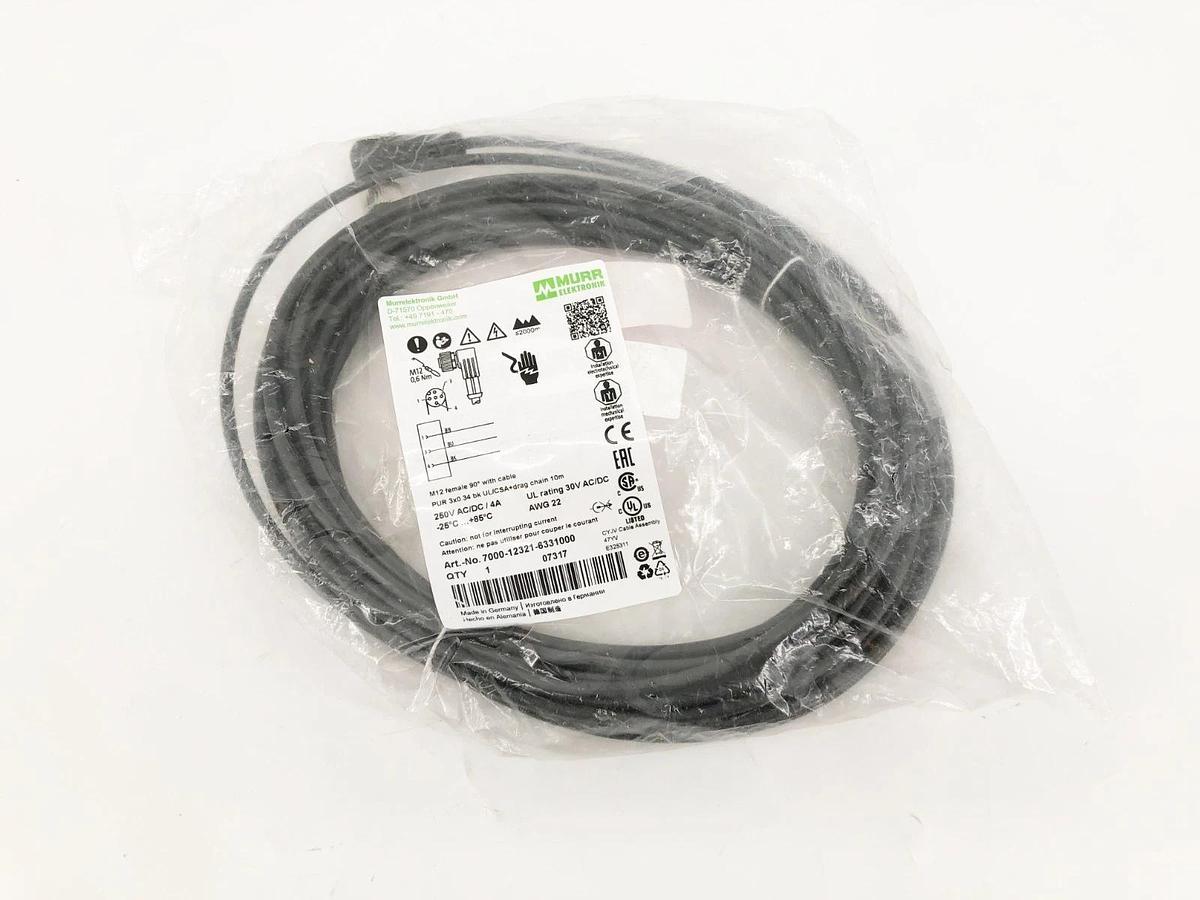 New Murr Elektronik 7000-12321-6331000 Cordset Right Angle M12 Black 22 AWG 4A