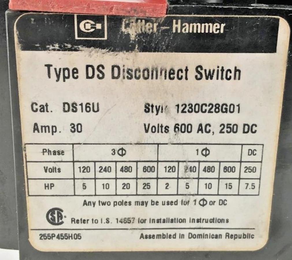 Used Cutler-Hammer DS16U Type DS Disconnect Switch 30A 600VAC 250VDC