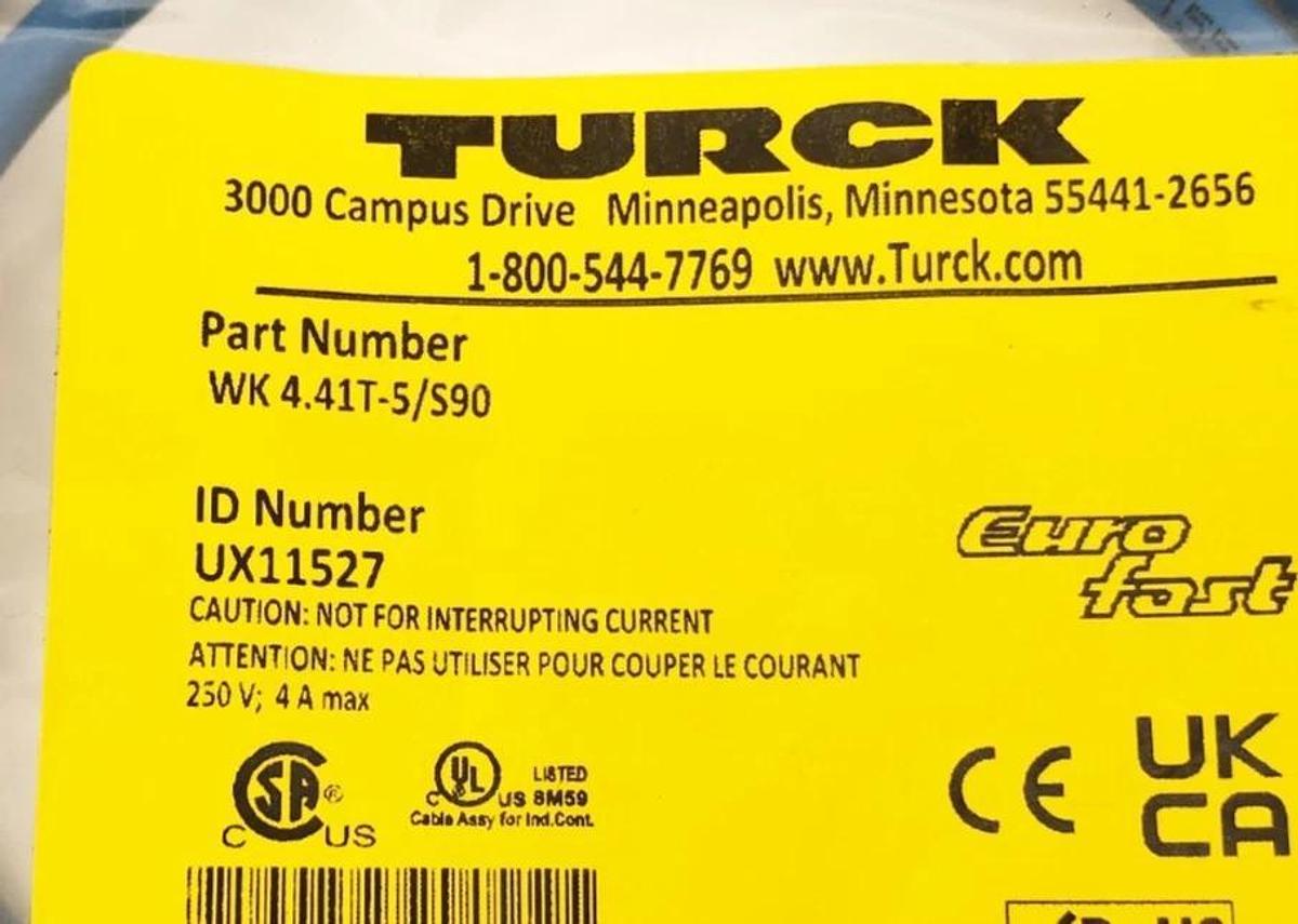 New Turck WK 4.41T-5/S90 Cordset Right Angle M12 Female 16FT. UX11527