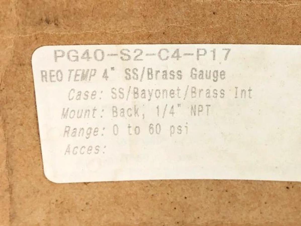 New Reotemp PG40-S2-C4-P17 Gauge SS/Brass 0-60psi 1/4" Back Mount