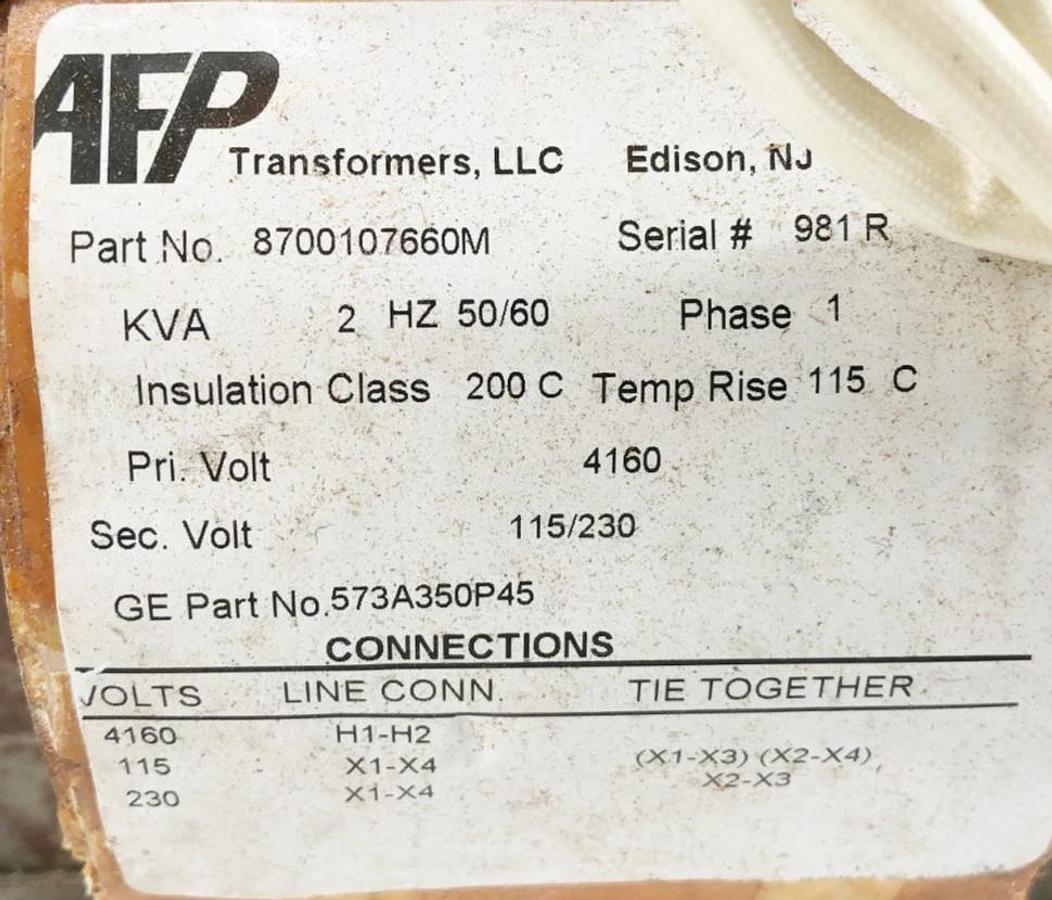 New AFP 8700107660M Transformer 2KVA 1PH Pri 4160V Sec. 115/230V - No Box