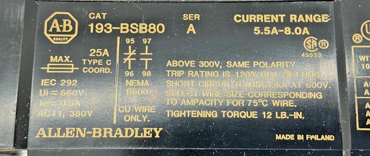 New Allen Bradley 193-BSB80 Ser A BiMetallic Overload Relay 5.5-8A 600V
