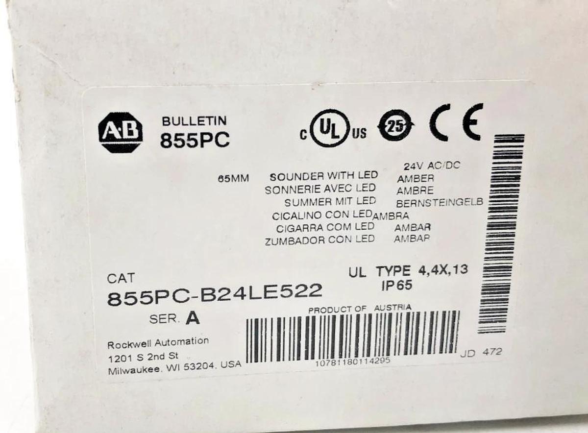 New Allen Bradley 855PC-B24LE522 Panel Mount Sounder w/ Amber LED 24VAC/DC