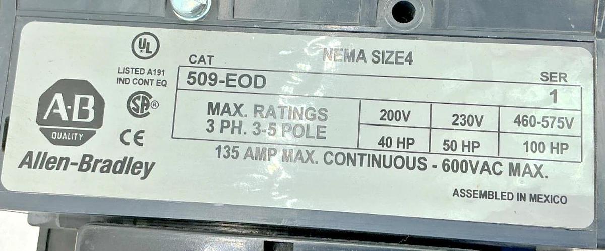 New Allen Bradley 509-EOD Ser 1 Non-Reversing Starter 3Ph 135A 110/120V 50/60HZ