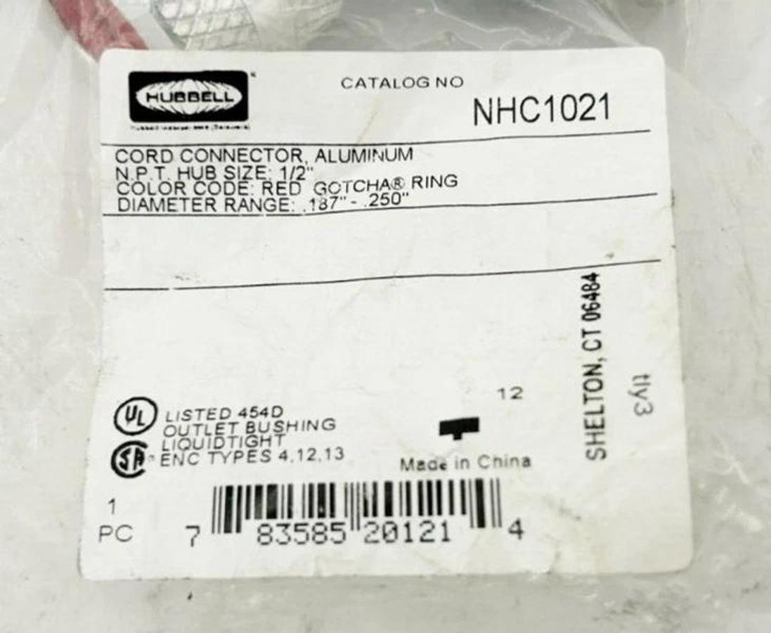 New Hubbell NHC1021 Liquid Tight Connector 1/2" 90 Deg. Aluminum Red