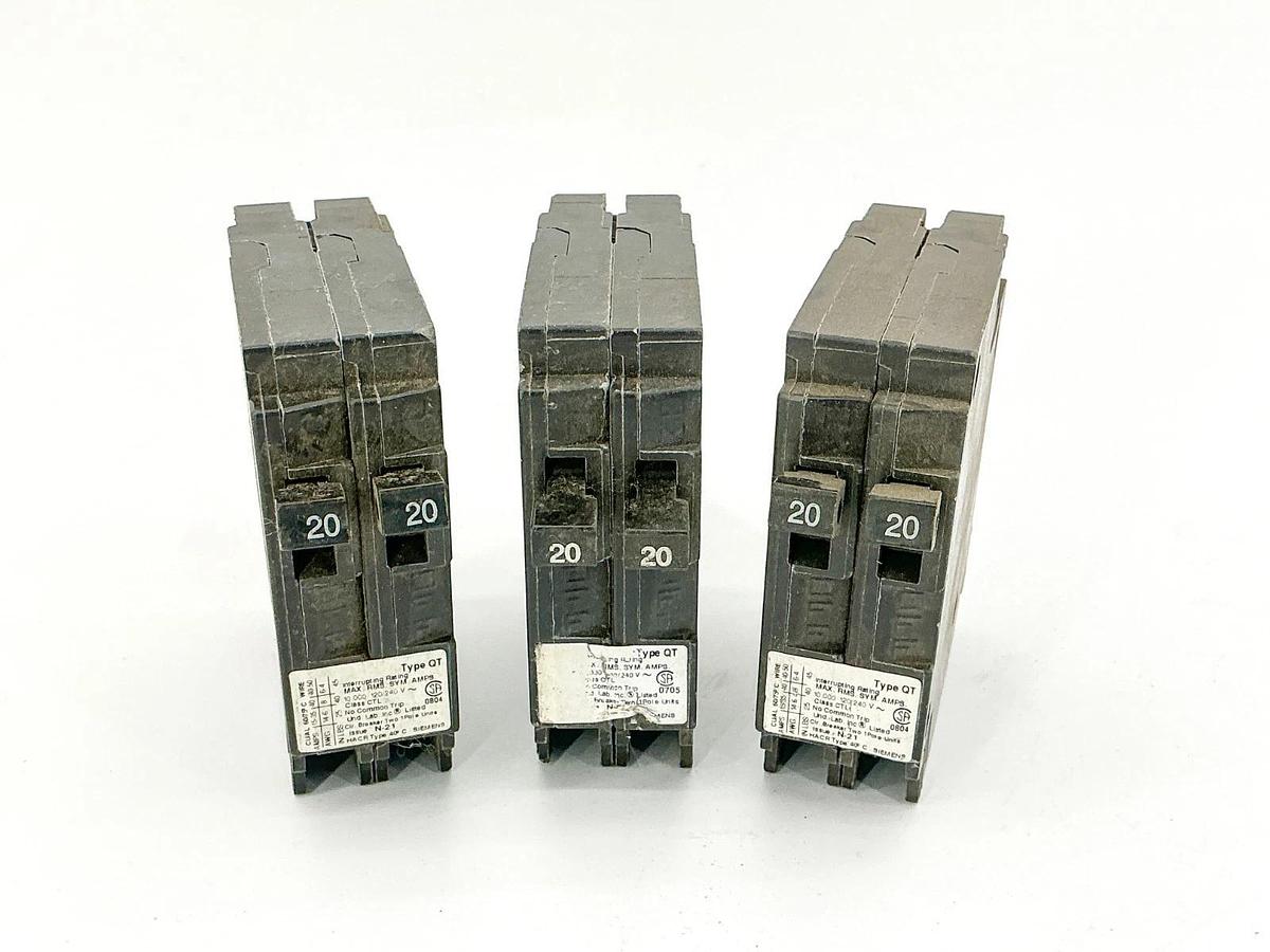Used Lot of 3 Siemens Q2020 Tandem Circuit Breaker 20A 240V 1P 60Hz