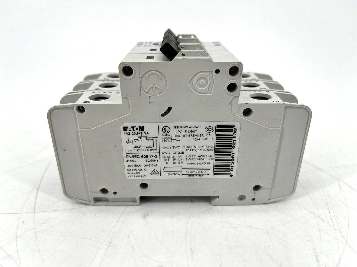 New Eaton Moeller FAZ-C0.5/3-NA Miniature Circuit Breaker 0.5A 277V/480Y 3P